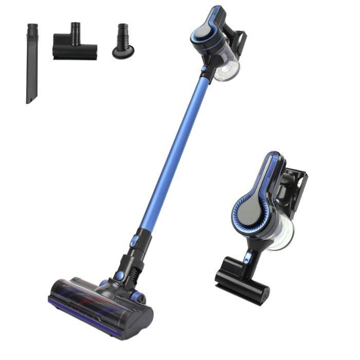 Aspirateur Balai sans Fil sans Sac Multifonction Aspirateur Puissant 18500Pa 2 Vitesses, Mini Brosse Motorisée Brosse Ronde, Bleu