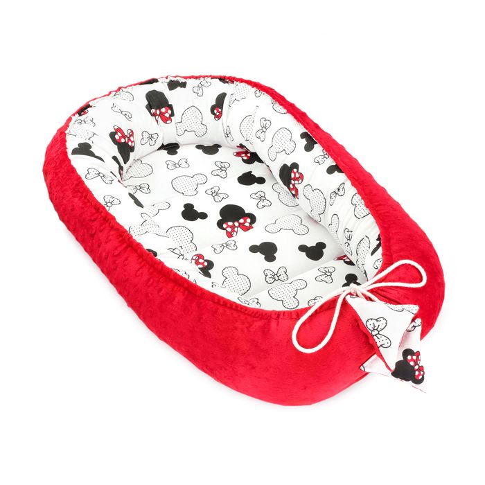 Réducteur Lit Bébé 90x50 cm - Matelas Cocoon Cale Bebe pour Lit Baby Nest Coton avec Minky Rouge avec Motif Souris Blanche et Rouge