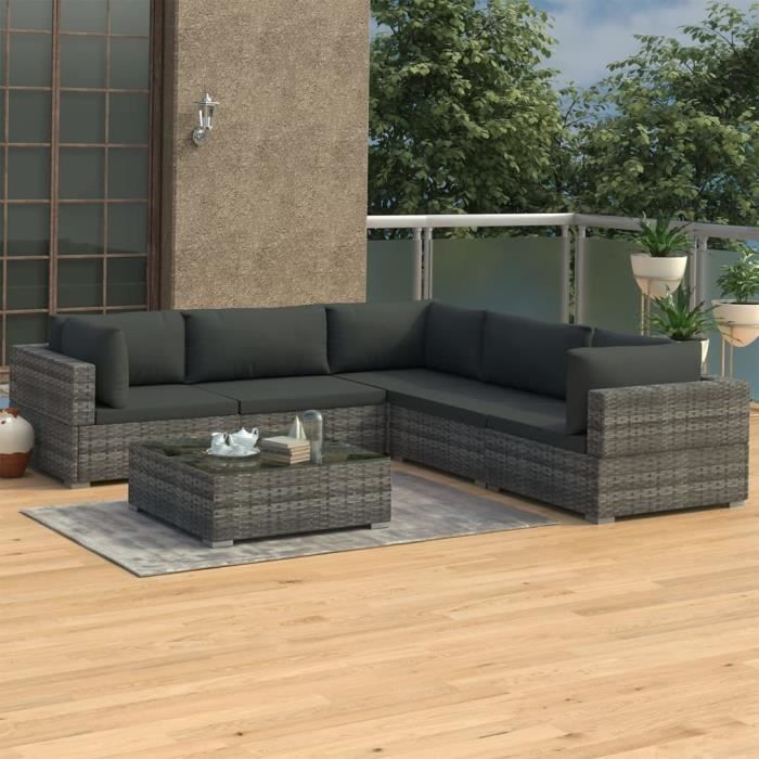 Salon de jardin 5 Places + 1 Table basse avec coussins Résine tressée Gris -ABI