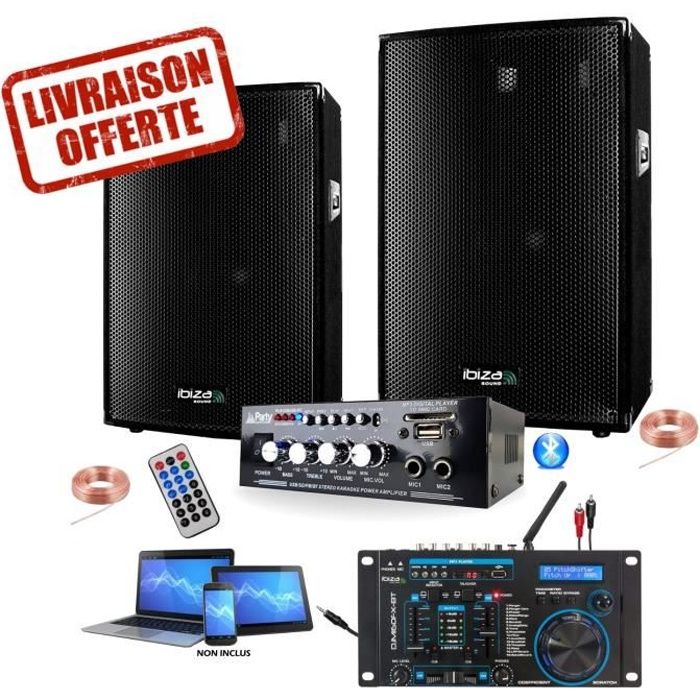 Pack Sono 600w Total avec 2 enceintes 300w + Ampli compact Bluetooth USB + Table de mixage nombreuses possibilités