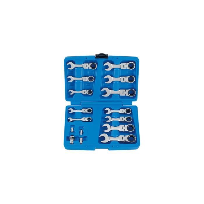 Coffret de clés mixtes à cliquet courtes à tête articulée métriques avec adaptateurs - 16 pièces - 8 à 19 mm