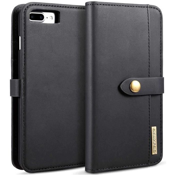 Coque iPhone 8 Plus, Housse en Cuir Fentes de Cartes Portefeuille Détachable Etui à Rabat pour iPhone 8 Plus-iPhone 7 Plus -Noir