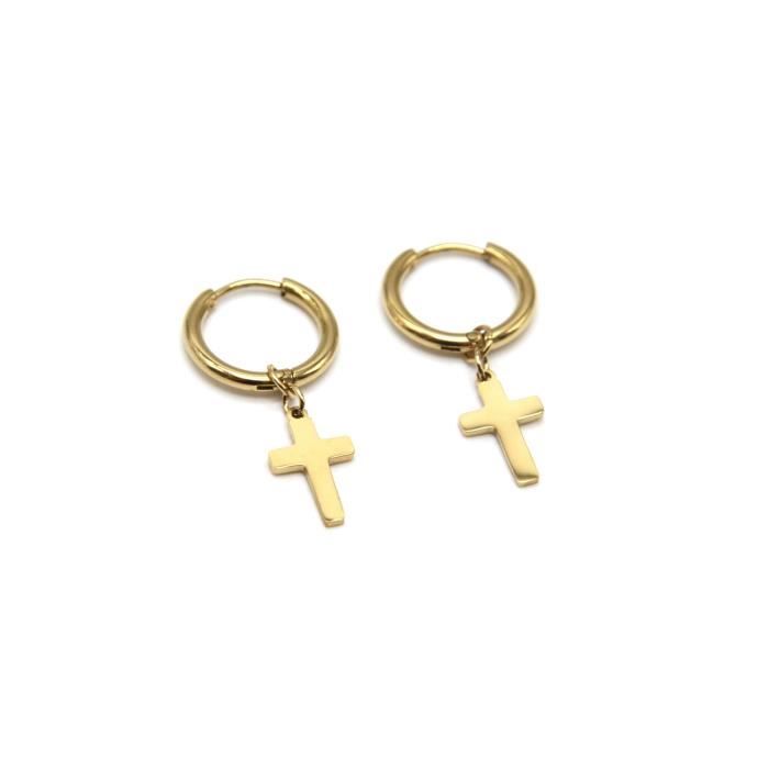 BO1347F - Boucles d'Oreilles Anneau et Croix Acier Doré
