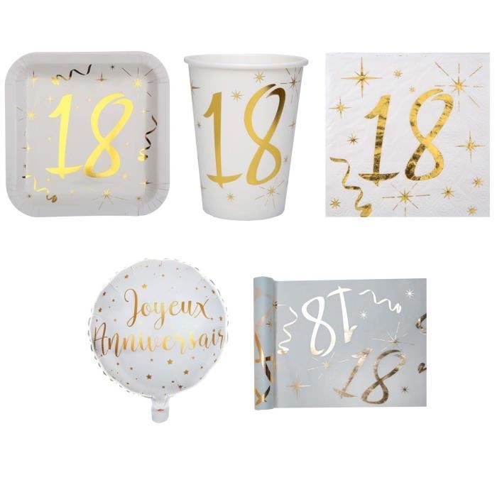 1 Pack anniversaire 18ans pour 10 personnes blanc et or