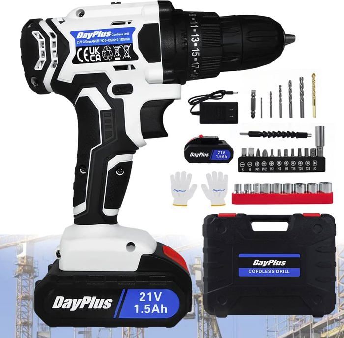 Perceuse Visseuse Sans Fil 21V, Visseuse Devisseuse Sans Fil avec Batteries 2.0Ah, 42Nm Perceuse Percussion 25+3 Réglages de Couple, 23 Accessoires Perceuse Percussion pour Metal Bricolage - Bricolage