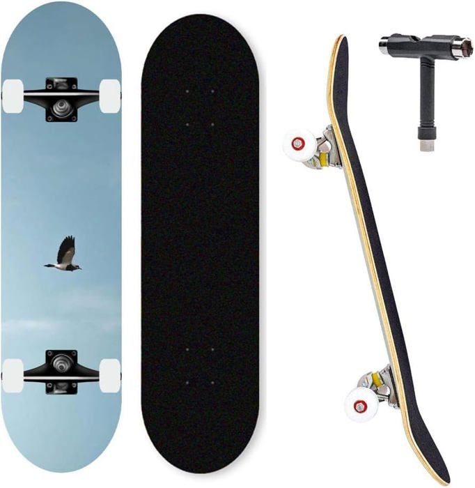 Skateboard Complet Débutant 31 Pouces - 7 Couches Érable, Roulements ABEC-7 - Pré-assemblé - Portée 150 Kg (Design Crâne)
