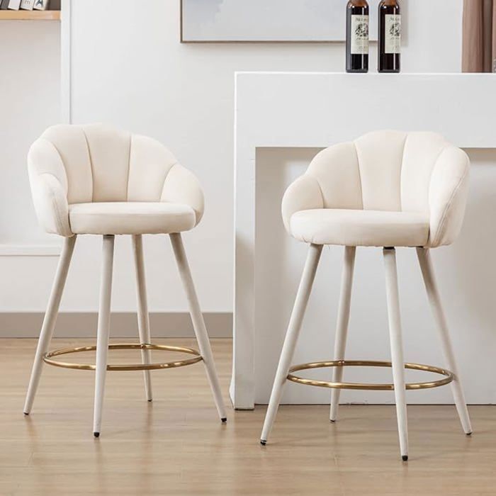 I 2296 Tabouret De Bar, Lot De 2, Hauteur Du Comptoir, Cuisine, Métal, Pu D'aspect Cuir, Blanc, Chrome, Contemporain, Moderne