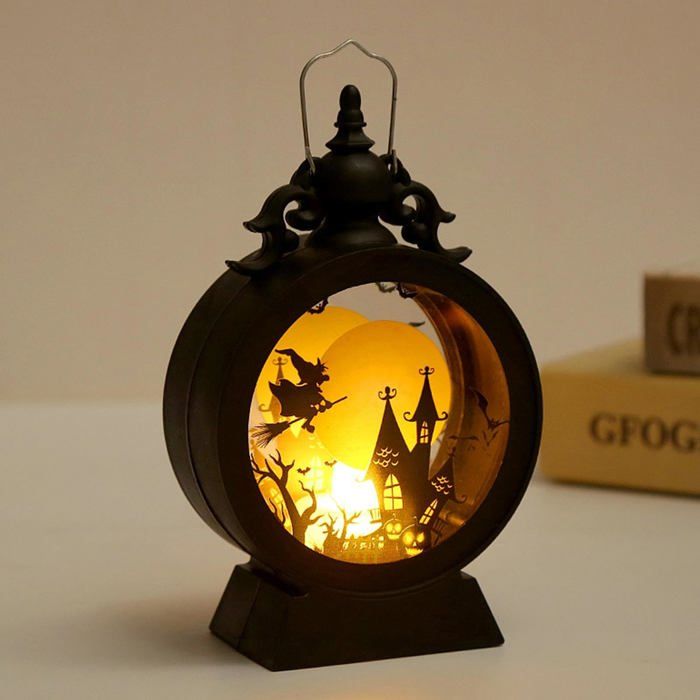 Lanterne décorative à LED vintage pour Halloween - Lanterne portable en forme de citrouille avec tête de mort et sorcièresorcière