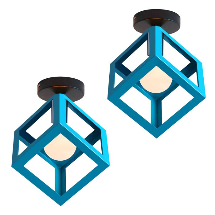 SNOGOLD 2X Plafonnier Moderne Lustre Vintage Abat-jour en Métal Forme de Cube Ø16cm Bleu Clair E27 Luminaire pour Chambre Salon