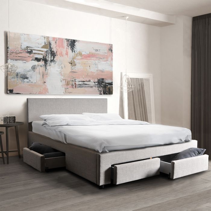 Lit 140x190 - Côme - Girs clair - Sommier inclus - 4 tiroirs - Design contemporain Lit 140x190 - Côme - Girs clair - Sommier inclus - 4 tiroirs - Design contemporain