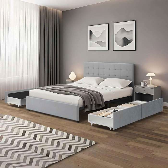 Lit tiroirs tête de lit capitonnée – grand couchage 160x200 cm – velours gris - sommier inclus - ELLIE