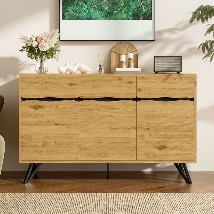 Buffet 140 L x 40 L x 75 5 H cm 3 Portes Style Industriel Finition Bois et Accents en Métal Noir Buffet 140 L x 40 L x 75 5 H cm 3 Portes Style Industriel Finition Bois et Accents en Métal Noir