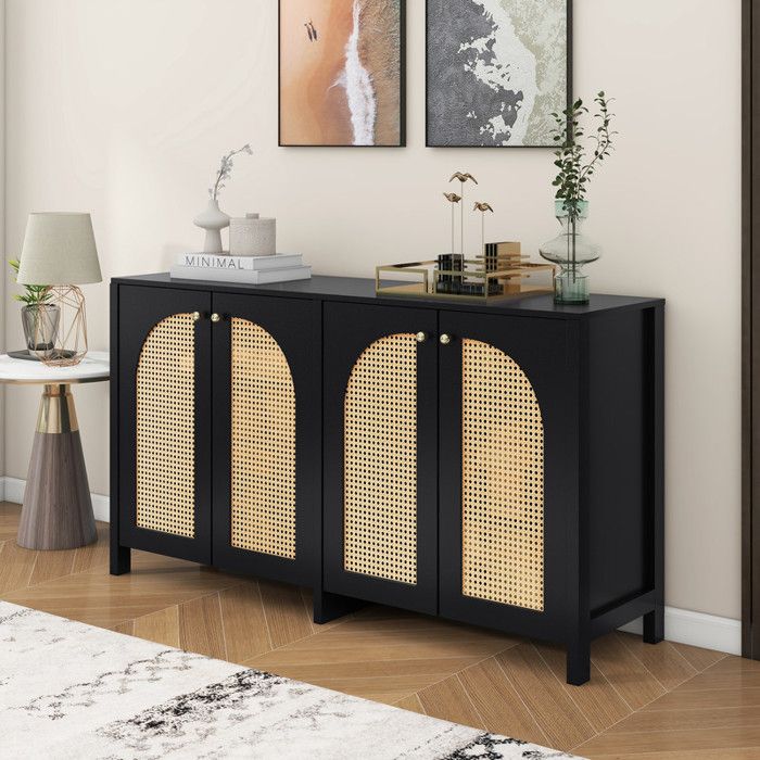 Buffet bas 145×40×80 cm avec 4 portes en rotin Buffet de cuisine avec poignées métalliques Buffet salle a manger en noir