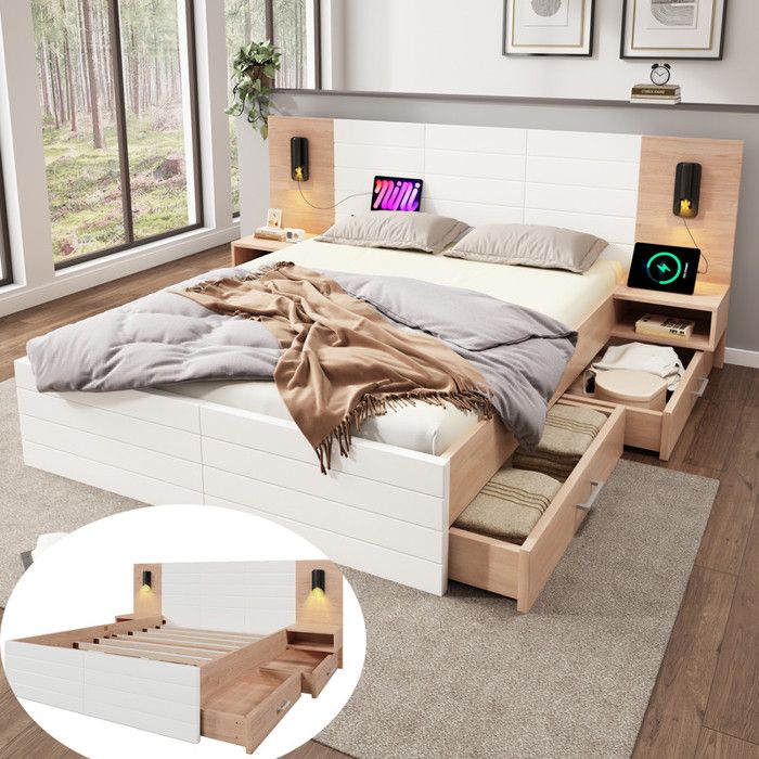 Lit double adulte 160x200 cm - Bois massif - Lumière de lecture - Port USB - Tiroirs de rangement
