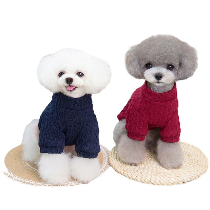 Meilleurs prix pour Pull 2 pièces pour chien tricot torsadé pour temps froid col roulé classique vêtements épais et chauds (rouge vin + bleu marine)