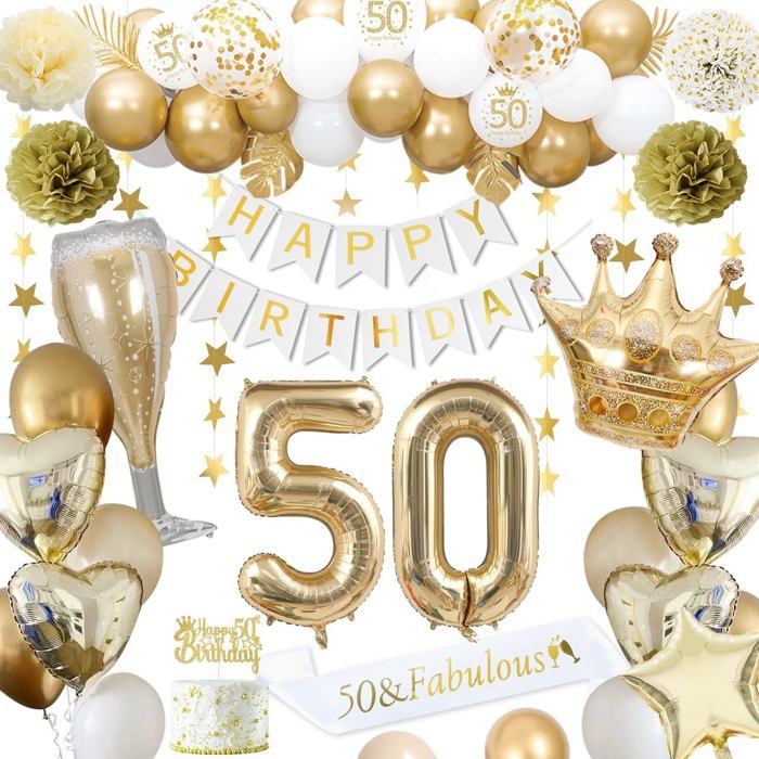 Décorations Anniversaire 50 Ans Décorations Anniversaire Or 50 Ans Pour Homme Femme Ballons Blancs Or Bannière Happy Birthda[A176]