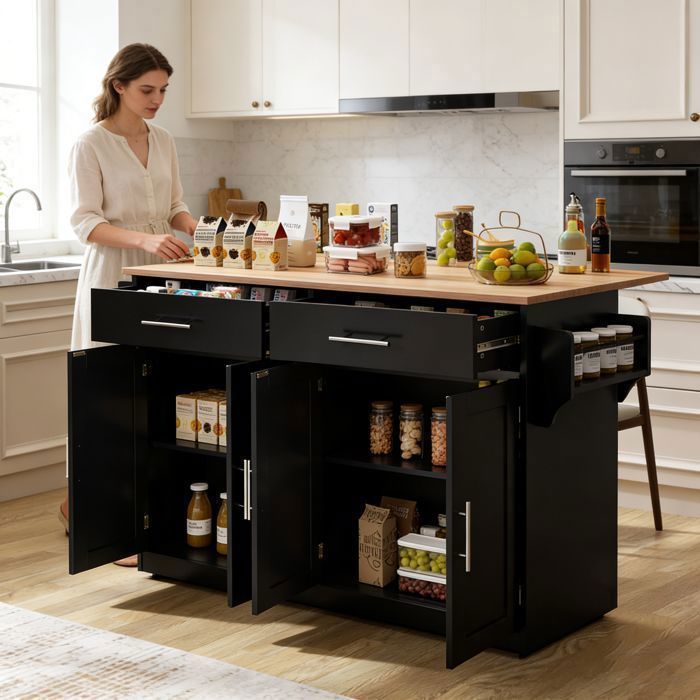 Petit Îlot central cuisine avec rangement desserte noir et plateau pliant bois 120cm 4 roulettes 2 grands tiroirs