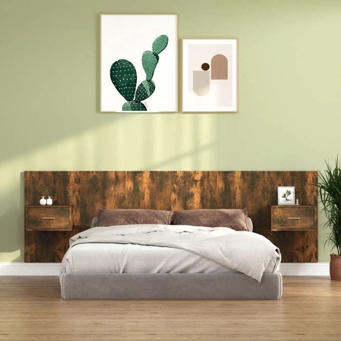 Tête de lit avec armoires - vidaXL - Chêne fumé - Bois dingénierie - 160x1 5x80 cm - Tables de chevet flottantes Tête de lit avec armoires - vidaXL - Chêne fumé - Bois dingénierie - 160x1 5x80 cm - Tables de chevet flottantes