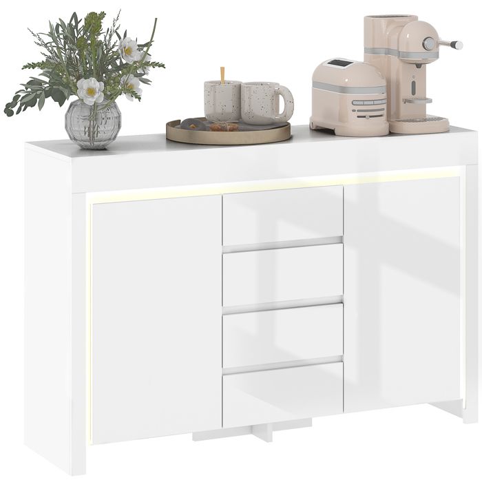 Buffet salon - HOMCOM - éclairage LED 4 tiroirs portes à fermeture douce et étagères réglables - 120 x 34 x 80 cm - blanc brillant