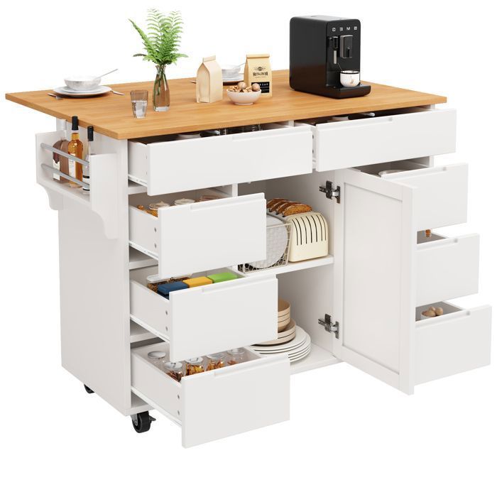 Buffet CuisineArmoire de Cuisineavec Roulettes et Plan de Travail8 TiroirsExtensibleRoulettes FreinéesBlanc
