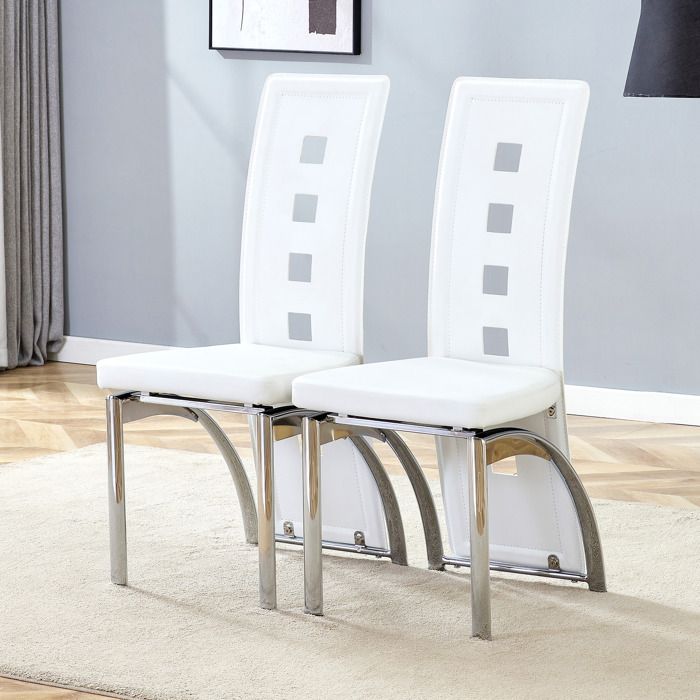 Chaises de salle à manger design - Lot de 2 - Cuir PU blanc - Pieds en métal argenté - 1025 cm de haut - Motif perforé
