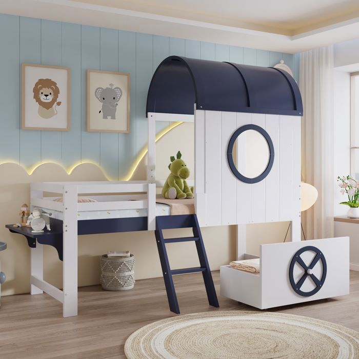 Lit superposé bas enfant avec toit - 90x200 cm - Blanc+Bleu foncé - Échelle inclinée - Tiroir avec roulettes