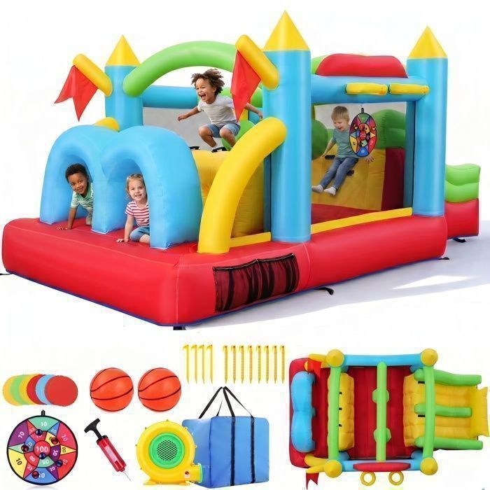 Château Gonflable avec Parcours dObstacles pour Enfants Aire de Jeux avec Double Toboggan Mur dEscalade Tunnels &Souffleur 550W
