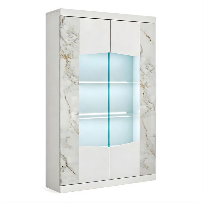 Vitrine 2 portes avec leds laqué blanc et imitation marbre - ETOLIS ...
