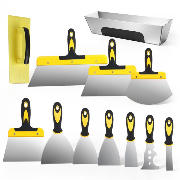 Ensemble de 12 outils pour cloisons sèches avec bac à enduit et un kit doutils de raclage multifonction pour la réparation murs