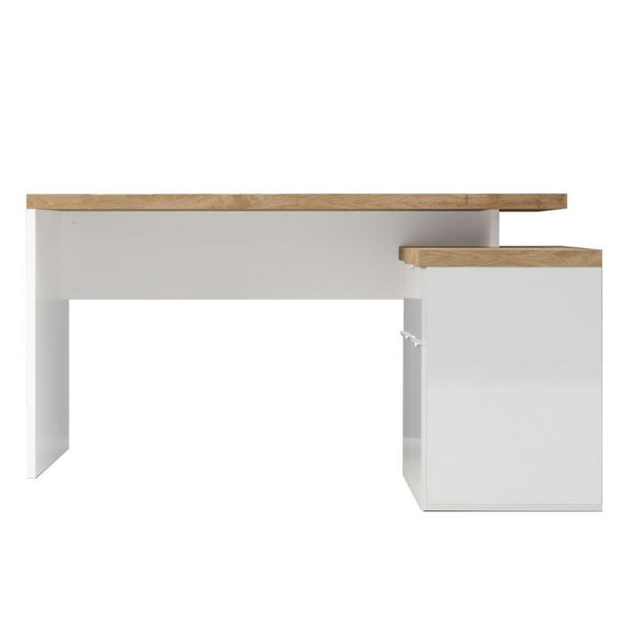 Bureau 138cm avec retour rangements blanc laqué brillant plateau aspect bois finition Cadiz - GENIUS Bureau 138cm avec retour rangements blanc laqué brillant plateau aspect bois finition Cadiz - GENIUS