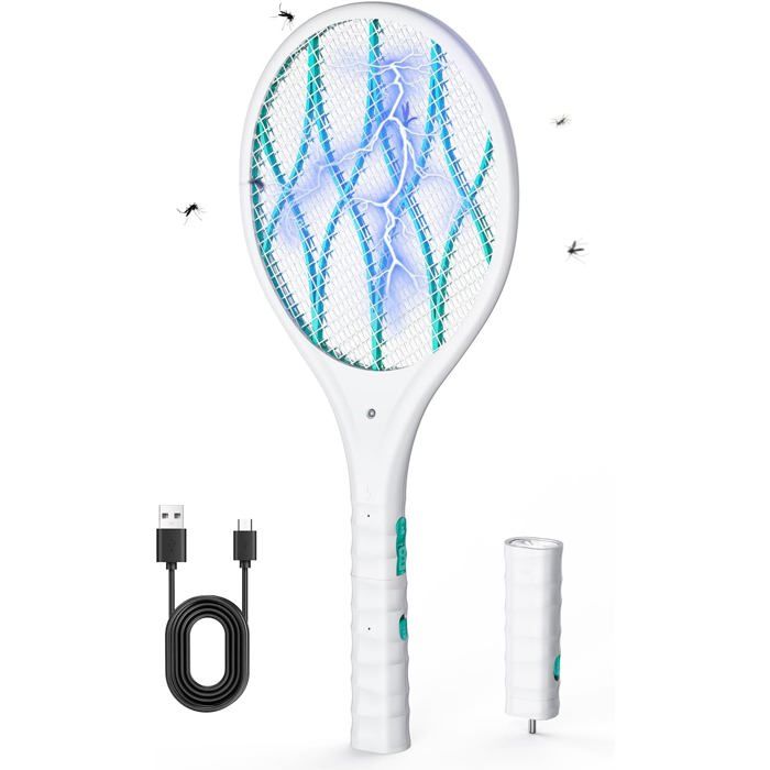 Raquette Anti-Insectes 4000V Électrique - USB Rechargeable LED et Torche Détachable - Protection 3 Couches Double Interrupteur