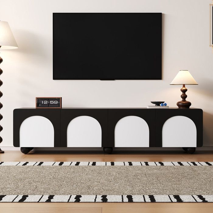 Meuble TV télé 180x38x45 cm à 2 tiroirs et 2 portes meuble TV panneau TV meuble TV bas. Design classique noir et blanc
