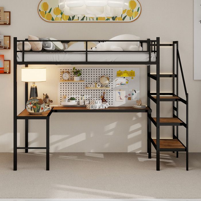 Lit mezzanine 90x190 cm avec bureau en L Structure de lit avec sommier à lattes Lit simple Lit Adulte Noir