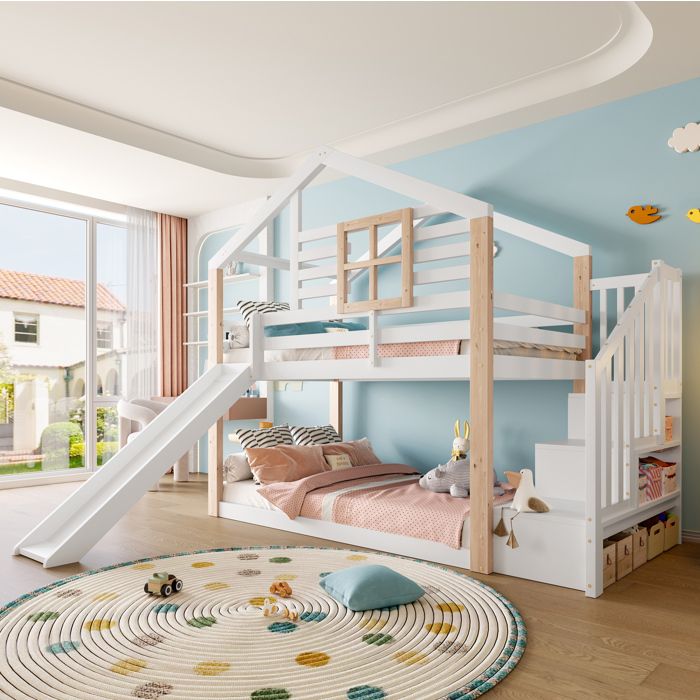 Lit superposé enfant style scandinave avec toboggan escalier et rangements