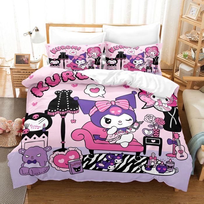 Série de literie 3D Kuromi un drap 240x260 cm et deux taies doreiller 65x65 cm