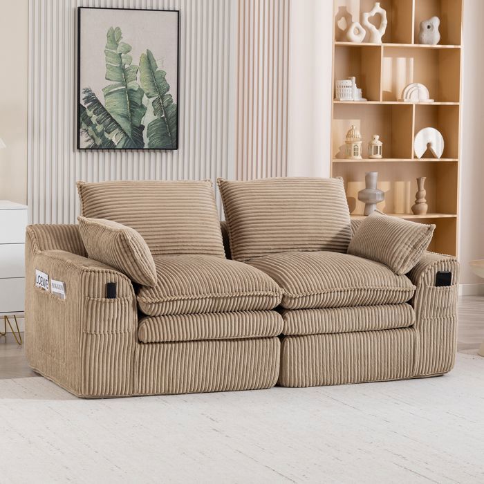 Canapé deux places modulaire en velours côtelé avec coussins et poches latérales idéal pour le salon ou le bureau kaki