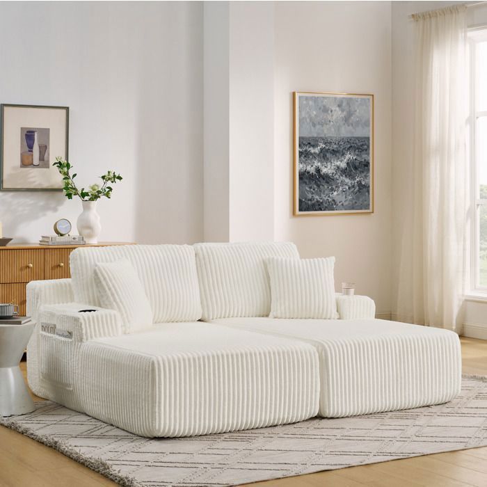 Canapé convertible 2 places en tissu côtelé beige avec porte-gobelet