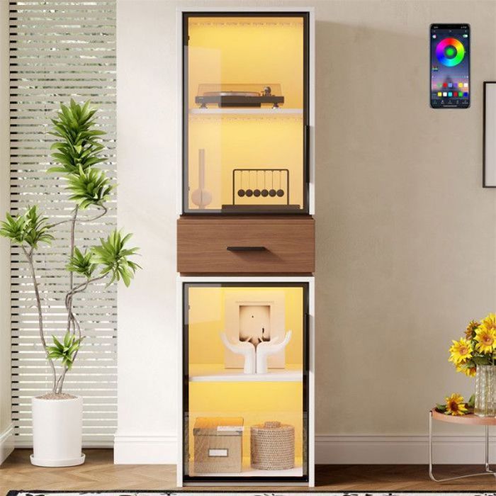 Vitrine armoire blanc 40x40x200 cm deux portes en verre trempé tiroir et éclairage LED intégré
