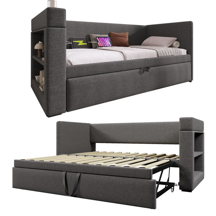 Canapé-lit simple 90x190 cm avec lit escamotable lin mélangé gris armatures USB & Type-C porte-verres sans matelas