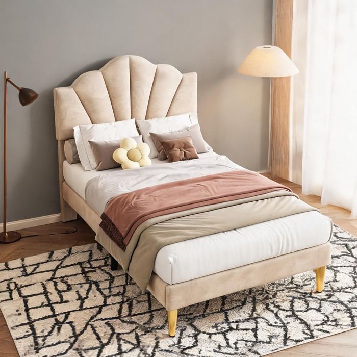 Lit capitonné en velours beige 90x200 cm avec tête de lit réglable et pieds dorés