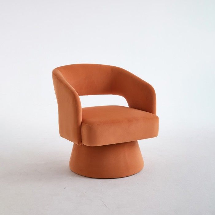 Fauteuil Pivotant 360° Velours Orange 66x68x75cm tonneau Confort dossier Ouvert coussins Mousse Base Métal Salon Chambre Bureau