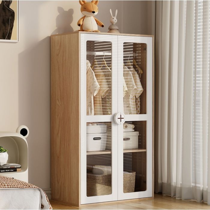Modenuit armoire enfant 2 portes 80 x 50 x 150 cm avec tringle étagères réglables 10 niveaux blanc et naturel