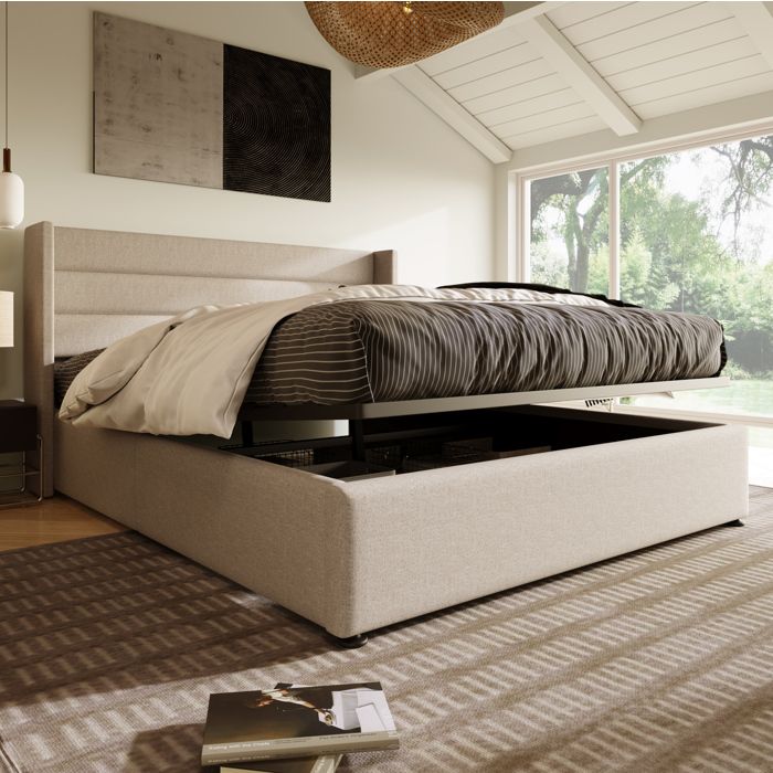 HOMVRA Lit coffre 180 x 200 cm hydraulique avec sommier à lattes lin beige tête de lit rembourrée