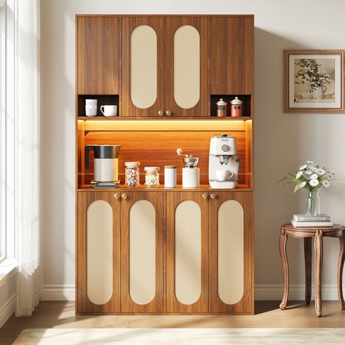 ROVRYN Buffet haut 106 x 40 x 178 cm 8 portes LED réglable MDF et décor PE rotin naturel