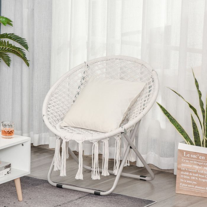 Fauteuil papasan rond pliable pour jardin en macramé coton polyester beige grand confort