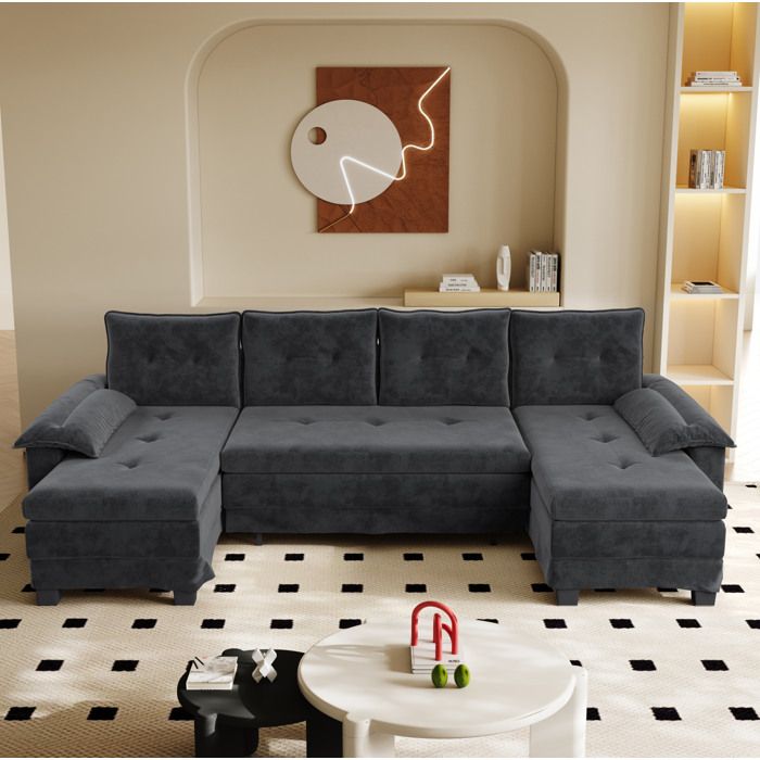 Canapé U convertible 278 cm en chenille grise avec port USB accoudoirs amovibles et 4 coussins