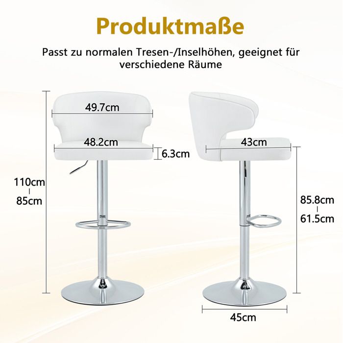 Tabouret de bar lot de 2 reglable en hauteur pivotant 360° avec dossier repose-pieds PU blanc base metal ORVRYN