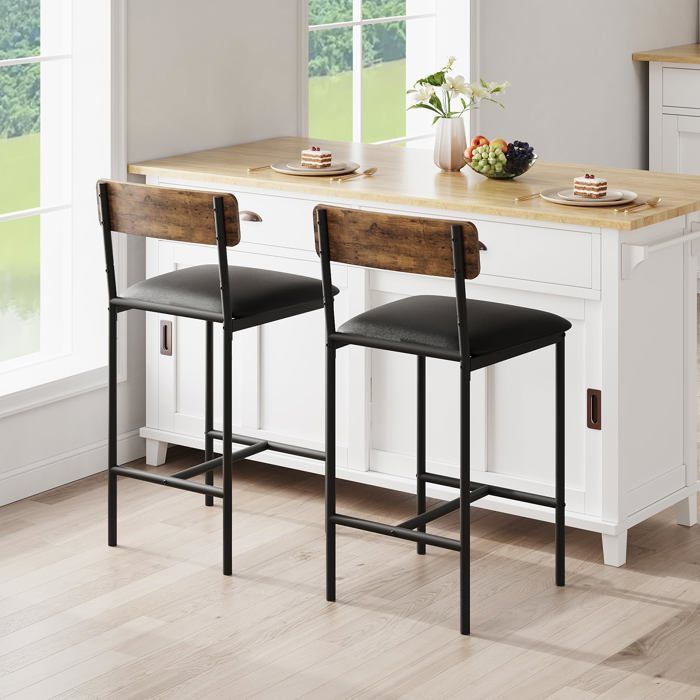 Lot de 2 tabourets de bar rétro en fer et MDF assises rembourrées cuisine salle à manger 42x37x95 cm