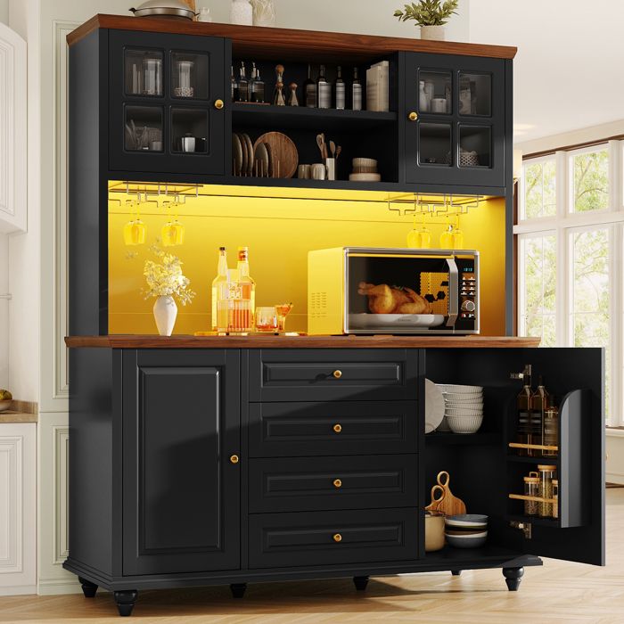 Buffet de cuisine Highboard EVRYAE 140 x 40 x 179 5 cm RGB LED 4 tiroirs portes en acrylique noir