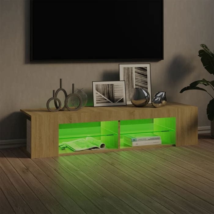 Meuble TV avec lumières LED Blanc et chêne sonoma 135x39x30 cm_2 ans garantie_34807